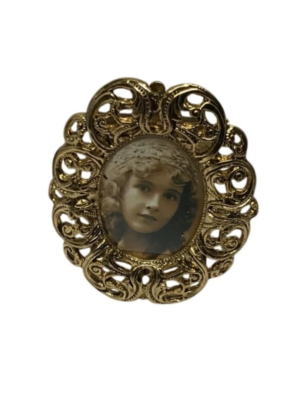 Victorian Style Vintage Gold Tone Ornate Filigree Portrait Frame Brooch
